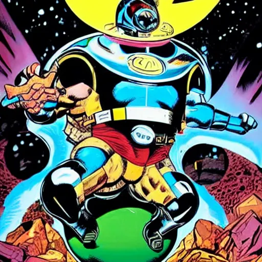 Prompt: elon musk eating a planet by jack kirby, new gods comic book cover