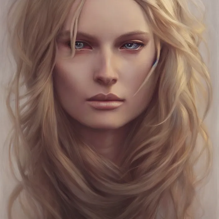 Image similar to a painting of a woman with long blonde hair, a photorealistic painting by magali villeneuve, featured on cgsociety, fantasy art, detailed painting, photorealistic