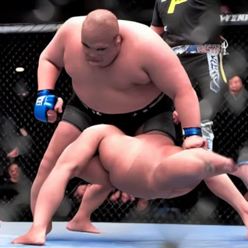 Prompt: robocop sumo wrestler getting body slammed in the ufc octagon