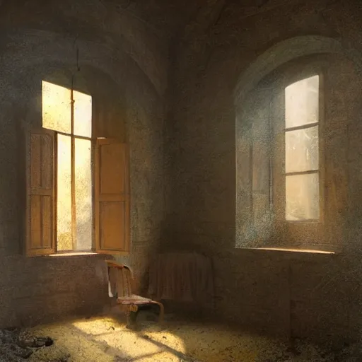 Image similar to the interior of an old abandoned house, an oak tree grows inside, golden rays of sunlight enter through the window, digital art, trending on artstation, matte painting, concept art, drawn by greg rutkowski, inspired by johannes vermeer, warm colors