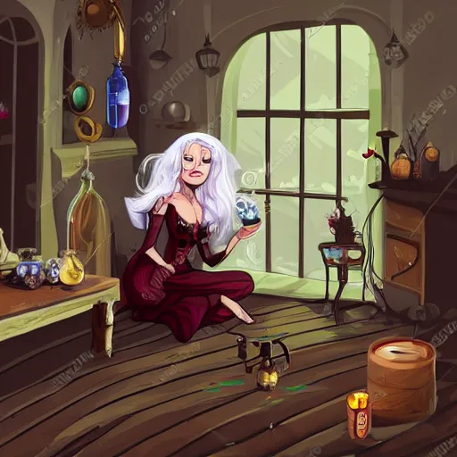 Image similar to a full body beautifull witch with white hair in an old room. A cristal ball on a wood table with a potions and old instruments. A cat on the floor licking his paw. in a fantasy style paiting