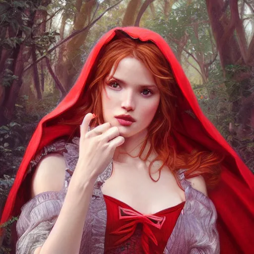 Image similar to ultra realistic illustration, bella thorne as little red riding hood, intricate, elegant, highly detailed, digital painting, artstation, concept art, smooth, sharp focus, illustration, art by artgerm and greg rutkowski and alphonse mucha