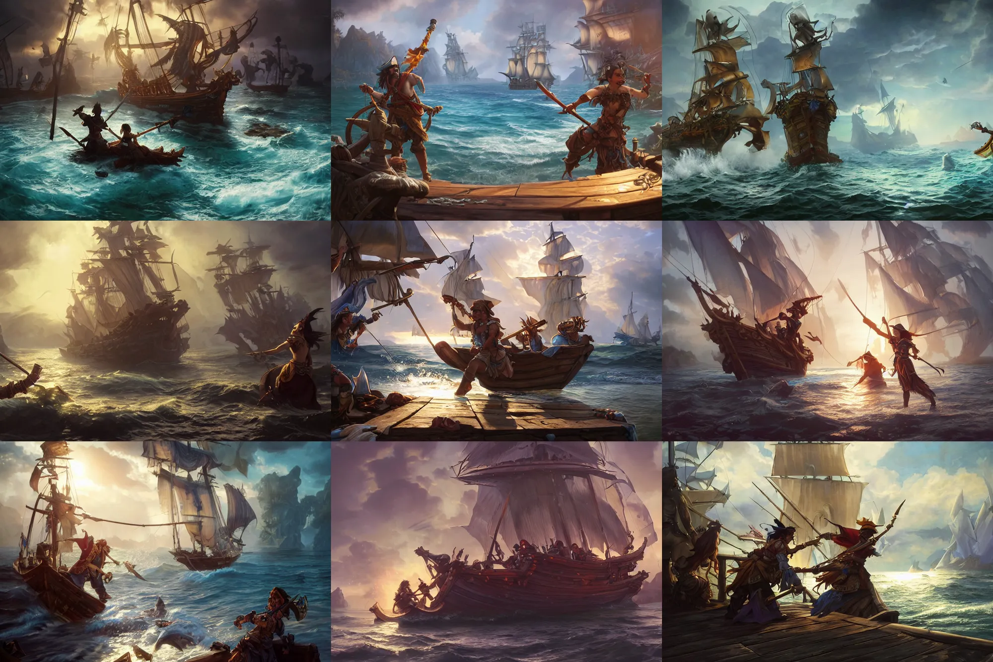 Prompt: a hyperrealistic render of a pirate ship dnd duel, water, outdoor, art by Artgerm and Greg Rutkowski and Alphonse Mucha, hearthstone art style, epic fantasty card game art, Beautiful dynamic dramatic moody lighting, shadows, cinematic, Octane, 8K