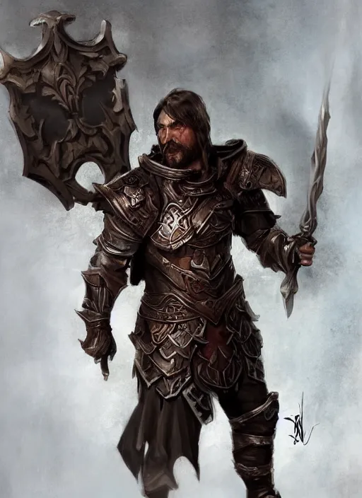 Prompt: gruff human cleric in plate male armor painted by raymond swanland