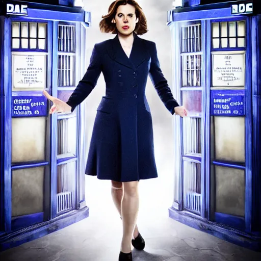 Image similar to a beautiful full body photograph of hayley atwell dressed as the doctor from doctor who standing in front of the tardis, symmetrical face, extreme realism and detail, 8 k, completely framed, direct lighting, 3 5 mm photo, photorealistic, sharp focus