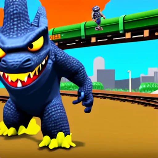 Prompt: Godzilla as a playable skin in Subway Surfers