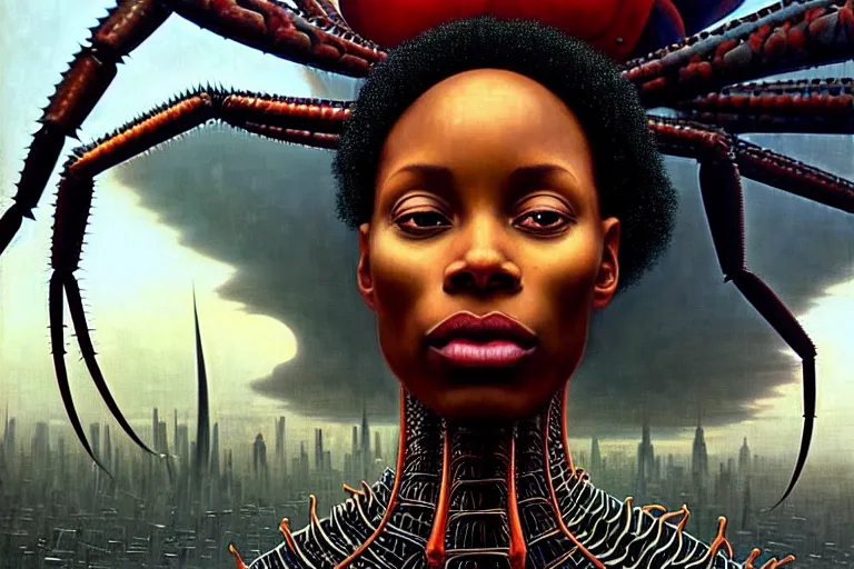 Image similar to realistic detailed portrait movie shot of a beautiful black woman riding a giant spider, dystopian city landscape background by denis villeneuve, amano, yves tanguy, alphonse mucha, max ernst, kehinde wiley, jean delville, david lynch, roger dean, cyber necklace, rich moody colours, sci fi patterns, dramatic, wide angle