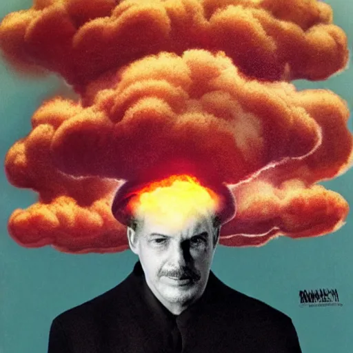 Image similar to man with head as a mushroom cloud