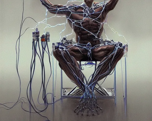 Image similar to a hyperrealistic painting of a human cyborg sitting in a chair with limbs stretched out, tied with electrical cables connected to supercomputers, flood of images flowing from his head, tesseract, vitruvian man, by daniel gerhartz, trending on artstation, concept art, insane details, zoomed out