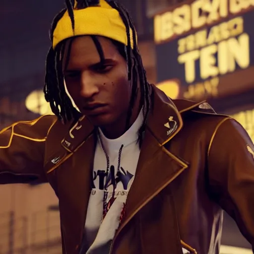 Image similar to a videogame still of A$AP Rocky in Tekken 7, 40mm lens, shallow depth of field, split lighting