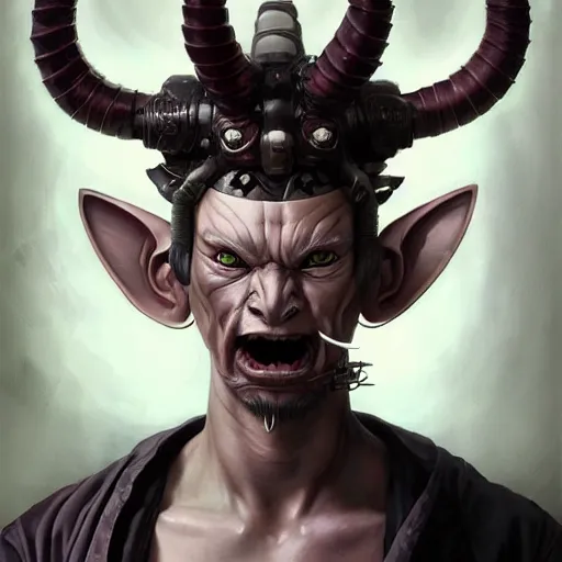 Image similar to portrait, cyberpunk japanese oni demon with horns, stern expression, long hair, highly detailed, digital painting, artstation, concept art, smooth, sharp focus, illustration, artgerm, tomasz alen kopera, peter mohrbacher, donato giancola, joseph christian leyendecker, wlop, frank frazetta