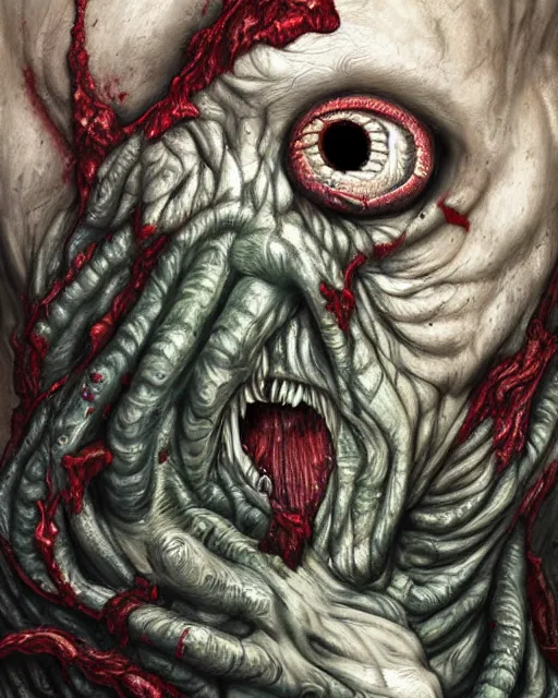 Image similar to Haunting horrifying detailed painting of a huge muscular hulking extraterrestrial flowing towel monster made of cloth, and bloodshot eyeballs, hyper detailed, trending on Artstation