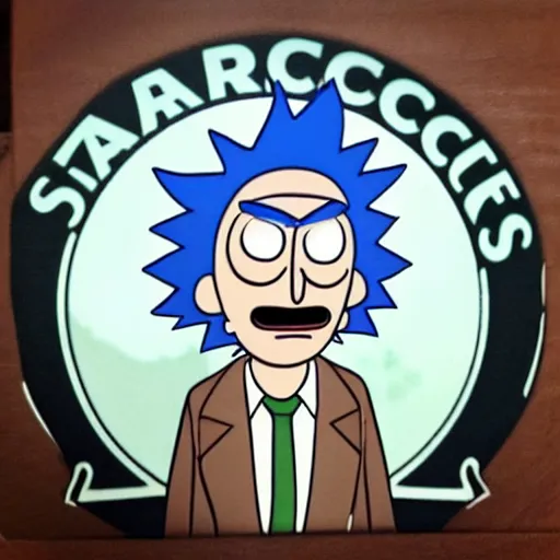 Image similar to Rick Sanchez at starbucks in the style of rick and morty