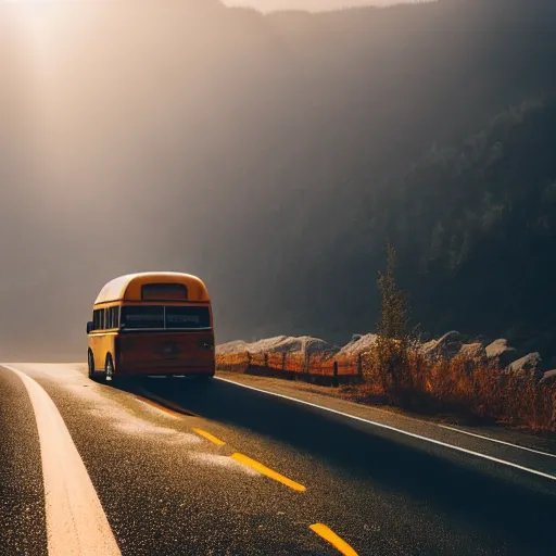 Prompt: white - blue bus on misty highway scene, the sun shining through the mountain peaks