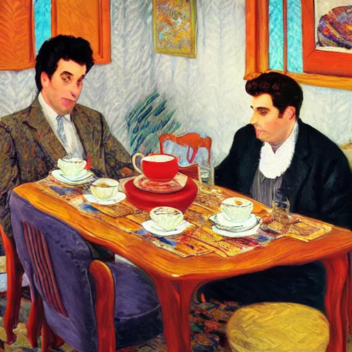 Image similar to seinfeld fancy tea party, george costanza, kramer, elaine, digital art, illustration, highly detailed, warm color scheme, soft lighting, sharp focus, gustave caillebotte, pyotr konchalovsky