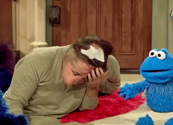 Image similar to sad ted cruz in curled up crying on the floor, on sesame street muppets laughing at him