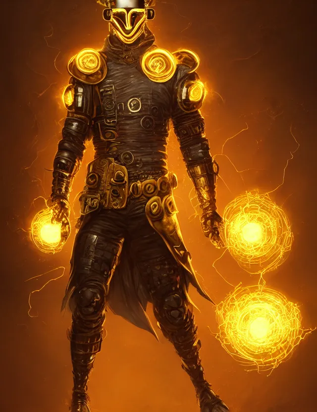 Image similar to a masked cyberpunk warrior in golden armour with a glowing golden gauntlet, surrounded by crackling golden lightning and energy, by frank fazetta and peter mohrbacher, trending on artstation, digital art, 4 k resolution, detailed, high quality, sharp focus, hq artwork, coherent, insane detail, concept art, character concept, character full body portrait