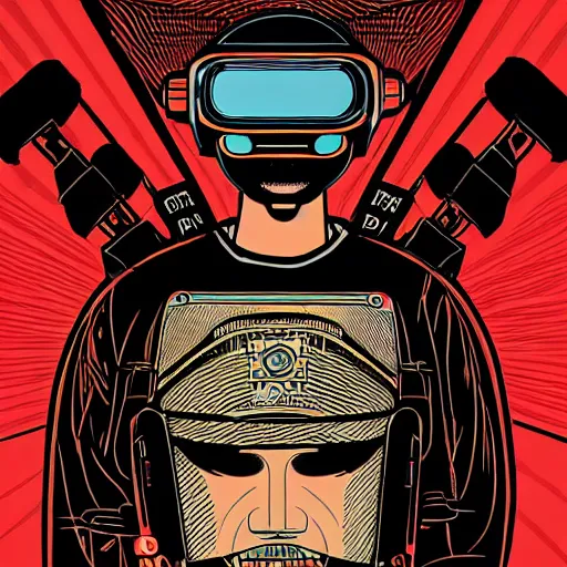 Image similar to !dream Illustrated by Shepard Fairey and H.R. Geiger | Cyberpunk Samurai with VR helmet, surrounded by cables