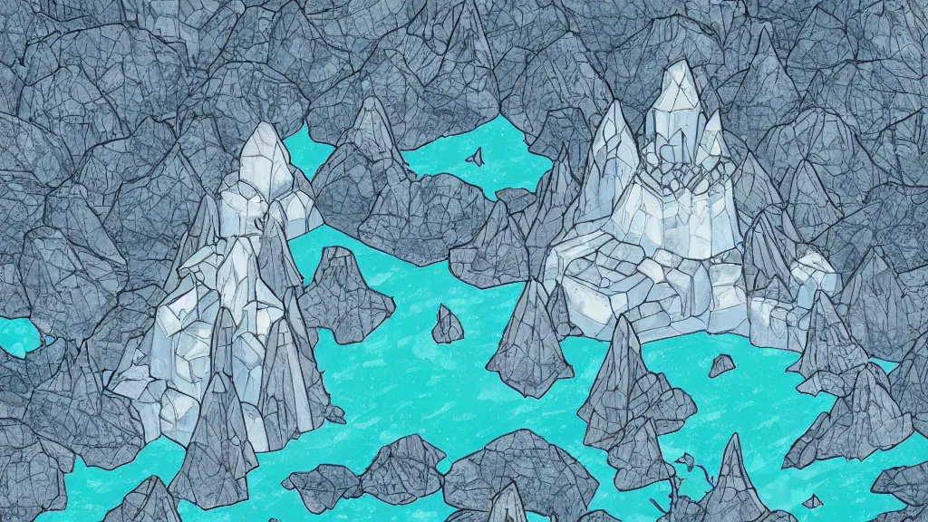 Image similar to Aerial view of a wizard tower surrounded by an ice cave to the west, a fire cave to the east, a emerald mine to the north and a diamond mine to the south, lineart, colored