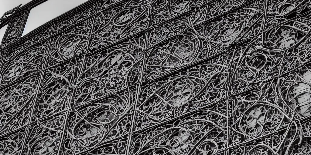 Image similar to elevational photograph of a modern building by Louis Sullivan and H.R. Giger covered in black ironwork vines, Sigma 75mm, ornate, very detailed, hyperrealistic, liminalspaces, Symmetrical composition, centered, intricate, Extreme Long Shot, Dynamic Range, HDR, chromatic aberration, Orton effect, 8k