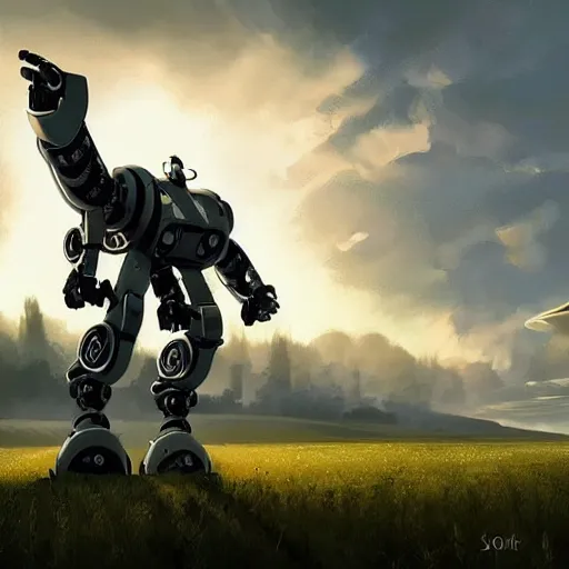 Prompt: A giant stainless steel mech robot in a field, beautiful, cool dynamic lighting, atmospheric, cinematic, highly detailed digital art, painted by Scott Musgrove