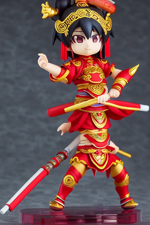 Image similar to arty chinese mythology ne zha nendoroid full body hyperdetalied, hero action pose, osamu tezuka, macoto takahashi, chibi, q posket, 8 k realistic, 3 d, cryengine, exquisite, red cloth around his shoulders, hold spear, ne zha ( 2 0 1 9 ), fenghua zhong,
