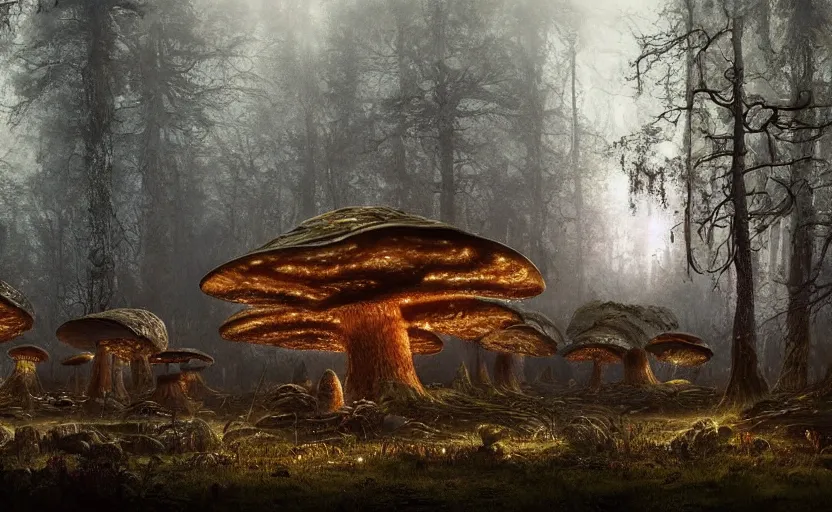 Image similar to A mushroom house in the foreground, other mushroom houses in the background, in a dark forest, macro, mysterious matte painting by greg rutkowski and marc simonetti and Ivan Shishkin