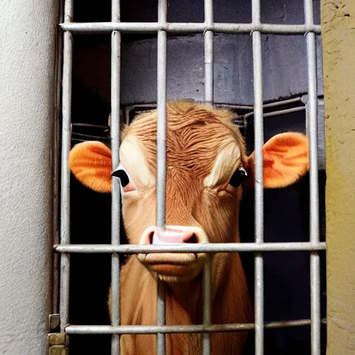 Image similar to cute calf with big eyes dressed as an inmate inside a jailcell