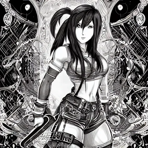 Prompt: tifa lockhart, an ultrafine detailed illustration by james jean, final fantasy, intricate linework, bright colors, behance contest winner, vanitas, angular, altermodern, unreal engine 5 highly rendered, global illumination, radiant light, detailed and intricate environment