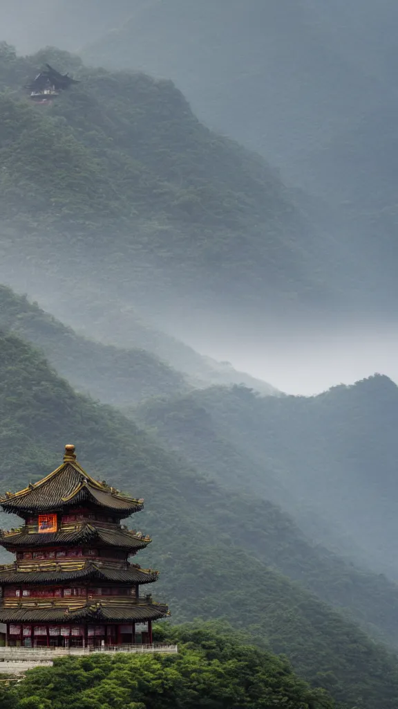 Image similar to ancient Chinese temples on the mountain in the distance,highly detailed,high resolution,cinematic lighting