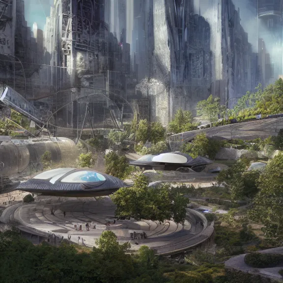Image similar to environment concept art location of a giant outdoor amphitheater in a sci-fi eco-city, skybridges, turrets, busy, futuristic, unreal engine, detailed, octane render, 4k, photorealistic, cinematic lighting