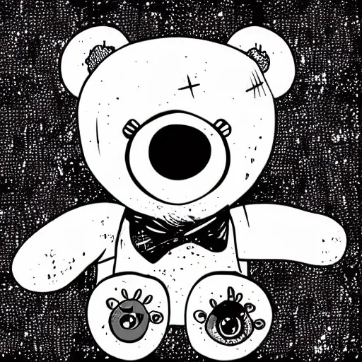 Prompt: grunge cartoon vector sketch of a teddy bear with bloody eyes by - mrrevenge instagram, loony toons style, horror theme, detailed, elegant, intricate