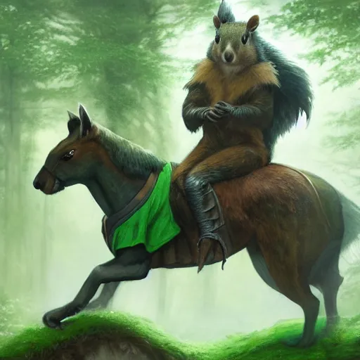 Image similar to oil painting of Anthropomorphized Squirrel warrior riding on Badger, wearing green cloak, wearing war paint, sharp focus, fantasy style, octane render, volumetric lighting, 8k high definition, by greg rutkowski, highly detailed, trending on art Station, magic the gathering artwork, magical forest backround, centered