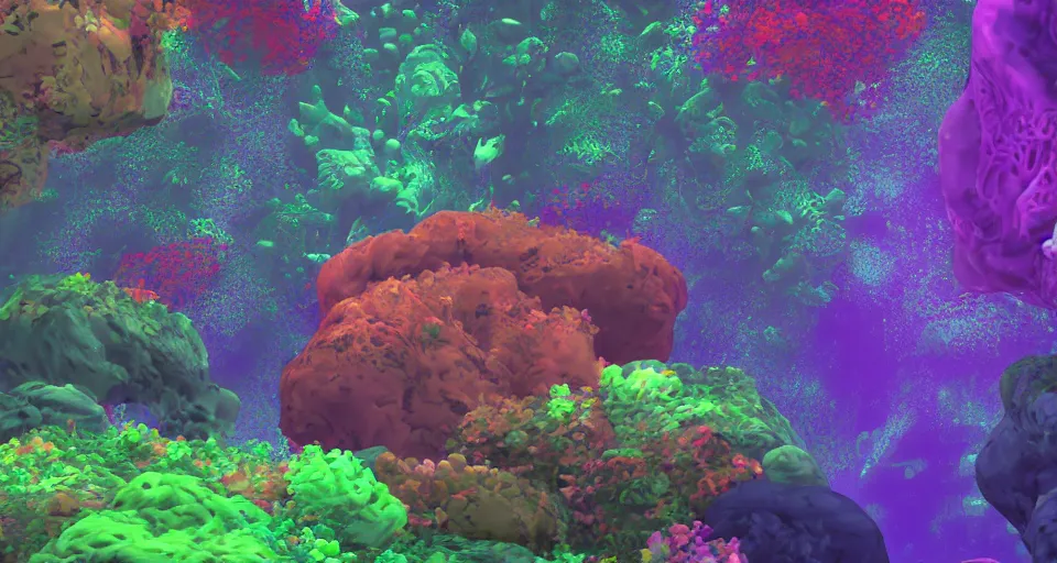 Image similar to 3d Render of colorful deep sea forest, grainy, noisy