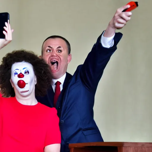 Image similar to a president with clown face taking a selfie in a podium next to an angry first minister