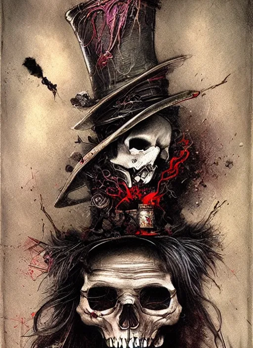 Image similar to Mad hatter smoking cigar, death tarot card,highly detailed,half skull face,cinematic,8k,by Stanley Artgermm,Tom Bagshaw,Greg Rutkowski,Carne Griffiths, Ayami Kojima, Beksinski, Giger,trending on DeviantArt,hyper detailed,horror, full of colour