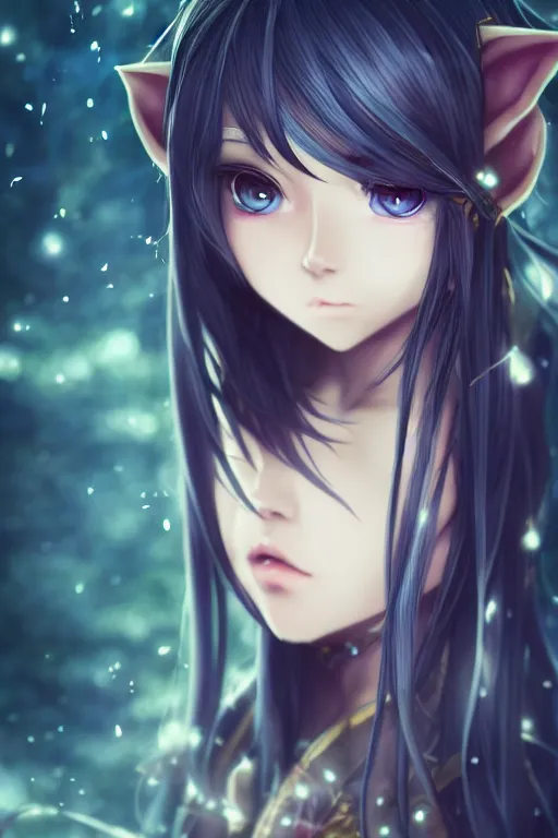 Image similar to adorable young cute anime elf girl, long black hair, fantasy armor. symmetrical face. symmetrical detailed defined eyes. beautiful lineart. bokeh pixiv # 1 ranking depth focus, chromatic aberration, noise, soft lighting, srgb, 4 k, cinematic