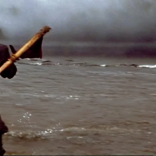 Prompt: film still from Saving Private Ryan of Daniel Radcliffe storming Normandy beach, while riding a magic broom