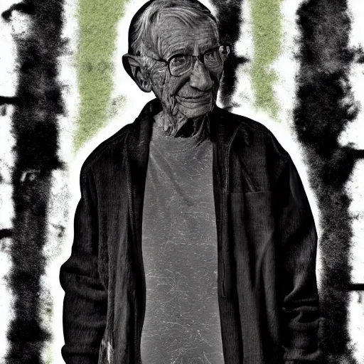 Image similar to detailed half body digital art of a old person wearing ragged and ruined clothes. the background is pure black with a little bit of glow behind the character