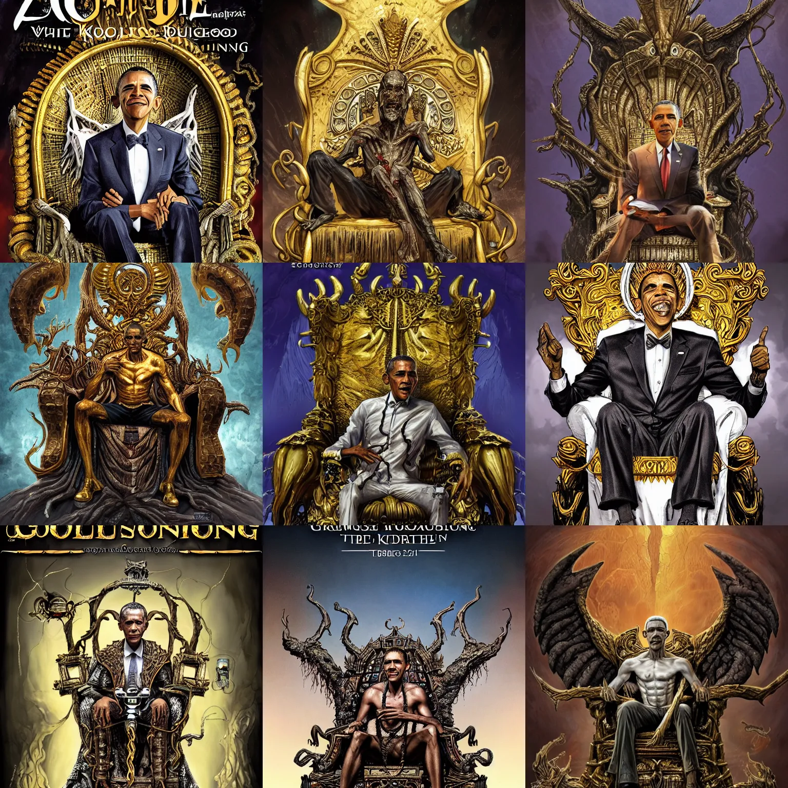 Prompt: grotesque intricate detailed concept art portrait of Barack Obama king sitting on his golden throne, white MQ-1 Predator Drone flying overhead, zombification lovecraftian D&D book cover