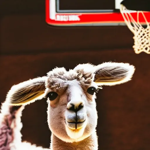 Image similar to film still of a llama in a jersey dunking a basketball like michael jordan, low angle, show from below, tilted frame, 3 5 °, dutch angle, extreme long shot, high detail, indoors, dramatic backlighting.