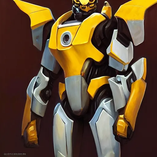 Image similar to greg manchess portrait painting of bumblebee the transformer as overwatch character, medium shot, asymmetrical, profile picture, organic painting, sunny day, matte painting, bold shapes, hard edges, street art, trending on artstation, by huang guangjian, gil elvgren, ruan jia, greg rutkowski, gaston bussiere