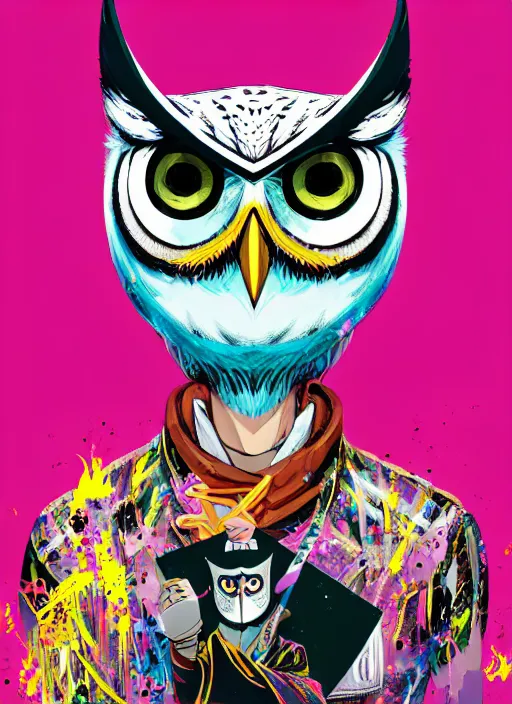 Prompt: arrogant elegantmedium shot of white owl with one giant eye dressed in samurai garment, pixiv fanbox, dramatic lighting, maximalist pastel color palette, splatter paint, pixar and disney exploded - view drawing, graphic novel by fiona staples and dustin nguyen, peter elson, alan bean, wangechi mutu, clean cel shaded vector art, trending on artstation