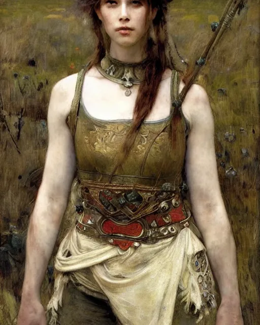 Prompt: a beautiful and strong female warrior by Edgar Maxence, Ross Tran and Jules Bastien-Lepage