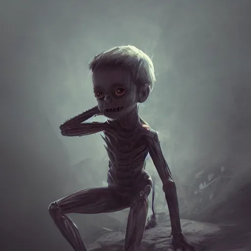 Image similar to human child with the body of a spider, black eyes, sharp teeth, intricate, detailed, volumetric lighting, scenery, digital painting, highly detailed, artstation, sharp focus, illustration, concept art,