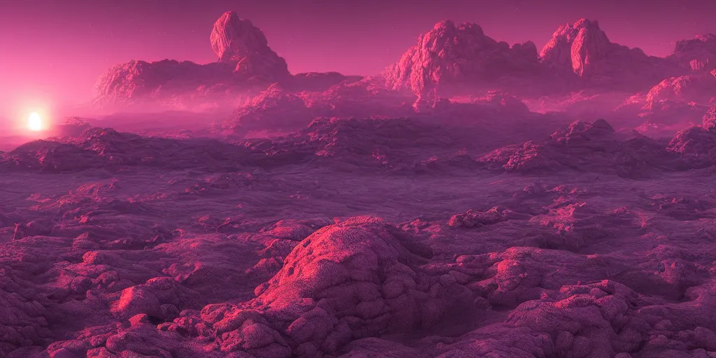 Prompt: very beautiful view of alien planet landscape at dawn, purple sky, science fiction digital art, award winning, trending on artstation, digital art. highly detailed 8 k. intricate. lifelike. soft light. nikon d 8 5 0.