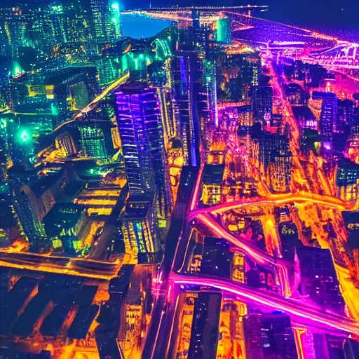 Prompt: city at night viewed from above, instagram contest winner, glowing lights, vivid colors, circuitry