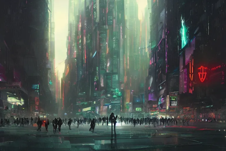 Image similar to dramatic artstation illustration of a crowd surrounding a giant holographic avatar at a city intersection by greg rutkowski, cyberpunk, raining