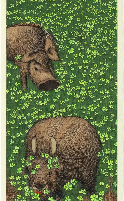 Prompt: by akio watanabe, manga art, boar eating in a field of clovers, trading card front