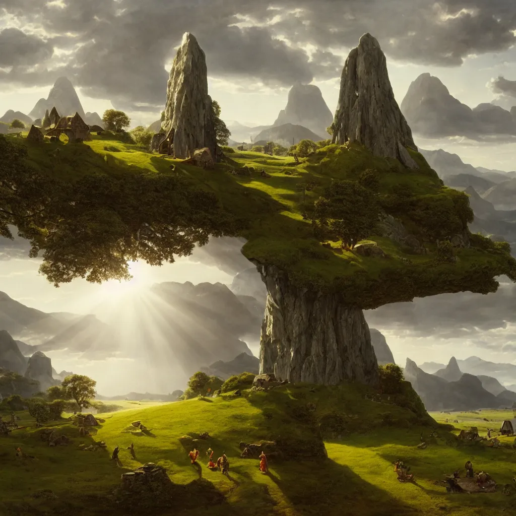 Prompt: a large single monolith with a hobbit house on top in the middle of a wide open field from a distance with mountains in the background and god rays shining through the coulds on the monolith, epic, cinematic, walton ford, jan van eyck, walton ford, fine details, high contrast